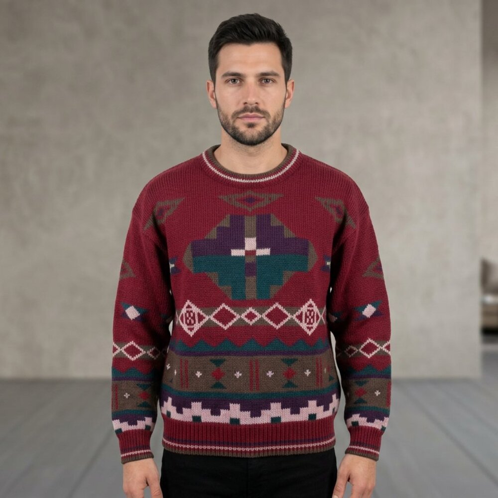 LL Bean Vintage Mens Wool Southwestern Geometric Crewneck Sweater Red Medium